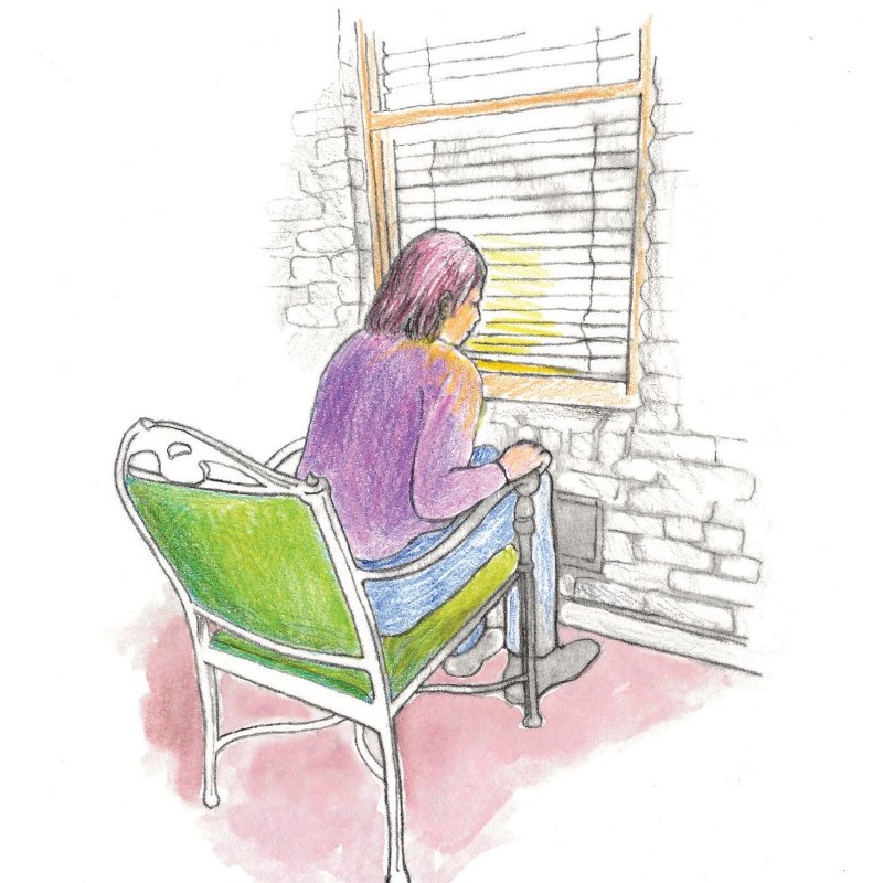 A trespasser looking in through our bedroom window at night (illustration by Naomi Rosenblatt). Our Leonberger Bronco saved us from this threat.