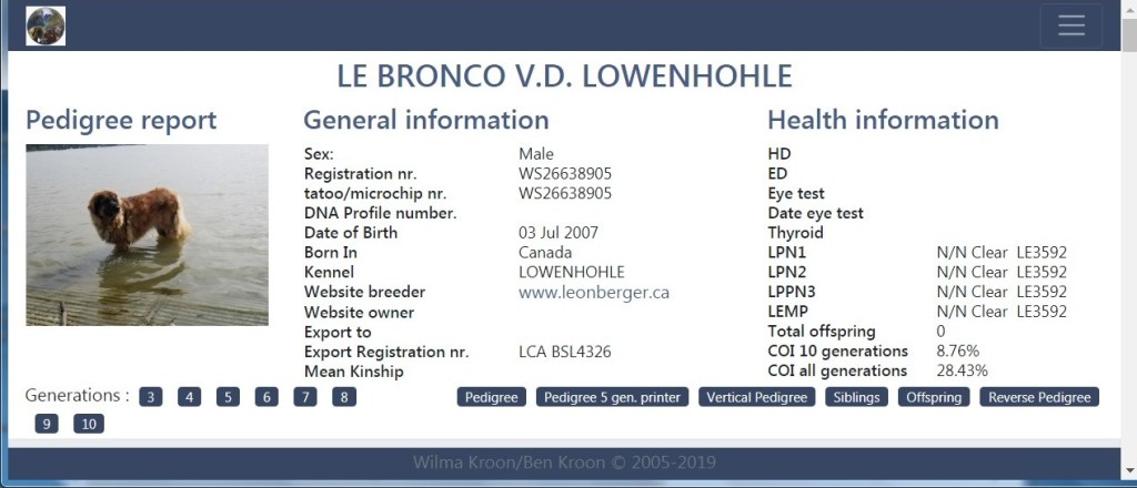 Screenshot from the Worldwide Independent Leonberger Database, showing all the information on Bronco. More than 160,000 Leonbergers are listed in this database. That is most Leonbergers who've ever lived.