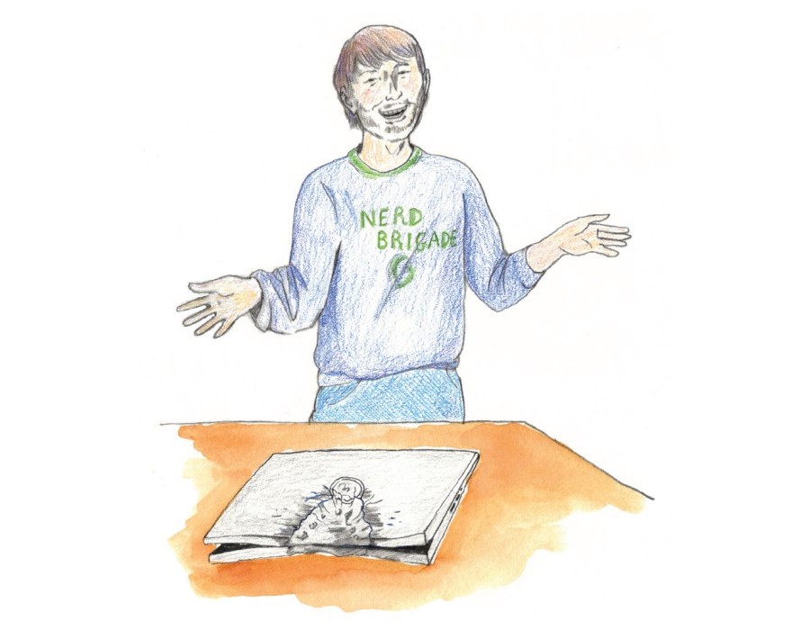 Illustration depicting a geek squad guy impressed by what the powerful bite by our Leonberger Bronco could do to a laptop.