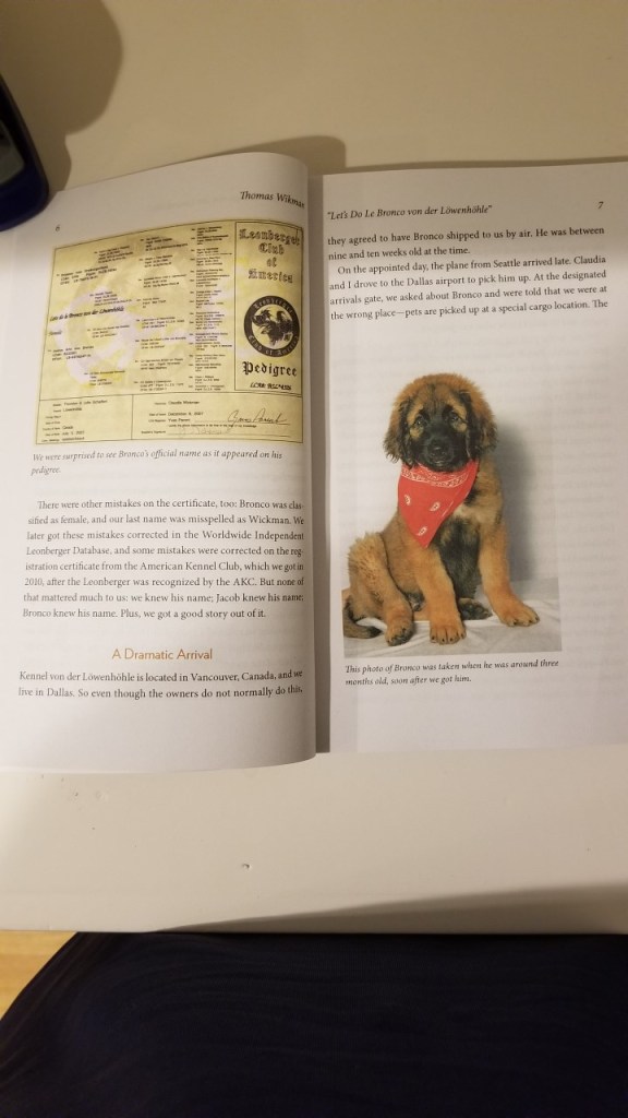 Page example from The Life and Times of Le Bronco von der Löwenhöhle, Stories and Tips from Thirteen Years with a Leonberger.
