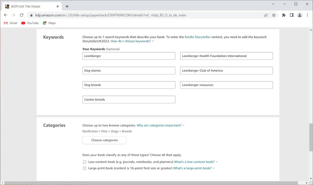 Screenshot of next bookshelf page, keywords and categories