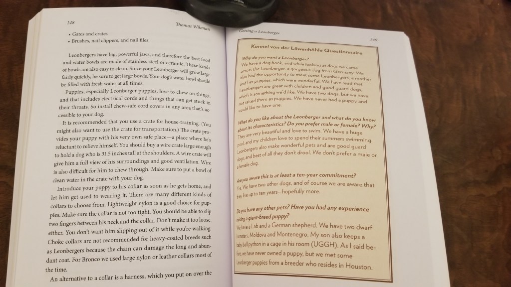 Page 148 & 149 from the book The Life and Times of Le Bronco von der Löwenhöhle. Stories and Tips from Thirteen Years with a Leonberger.