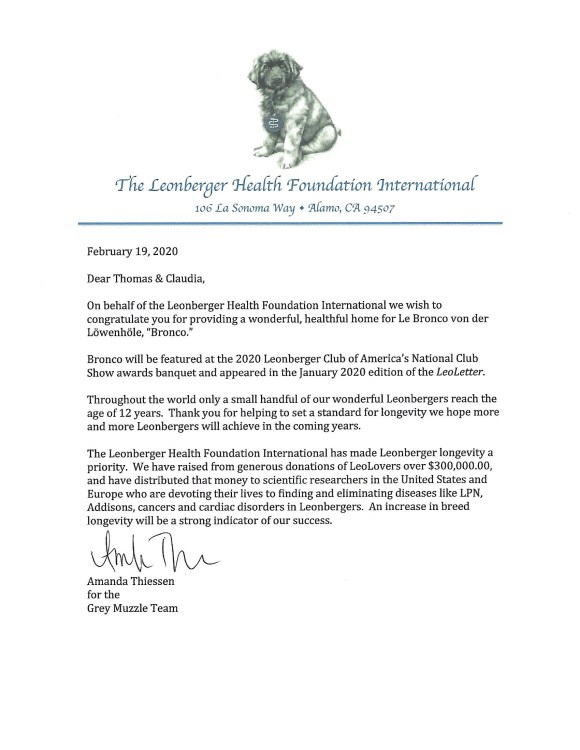 The grey muzzle award diploma. It is a personal letter from the Leonberger Health Foundation International, dated February 19, 2020