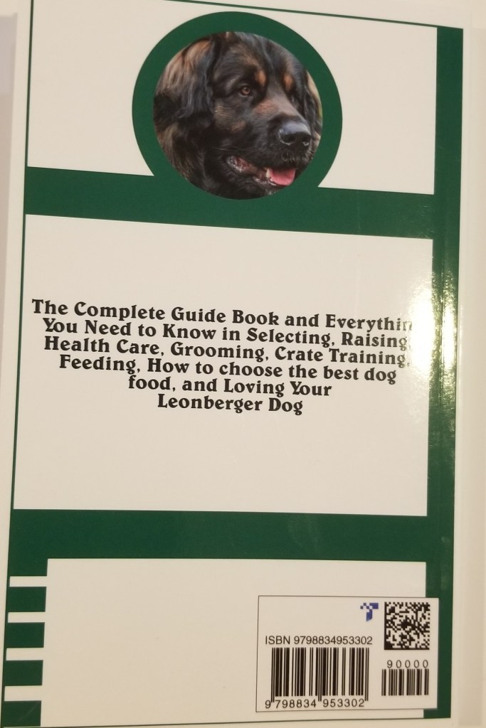 Photos of the back cover of the book Leonberger Dog by Nelson Dawson