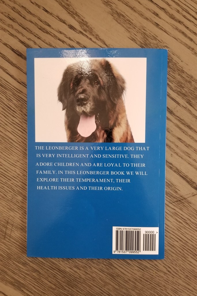 Photo of the back cover of the book Leonberger (Divine Dogs Online) by Mychelle Klose.