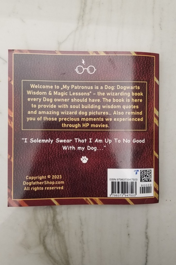 Back cover of the book “My Patronus is a Leonberger” by Alex Luther. Both front cover and back cover is dark brown.