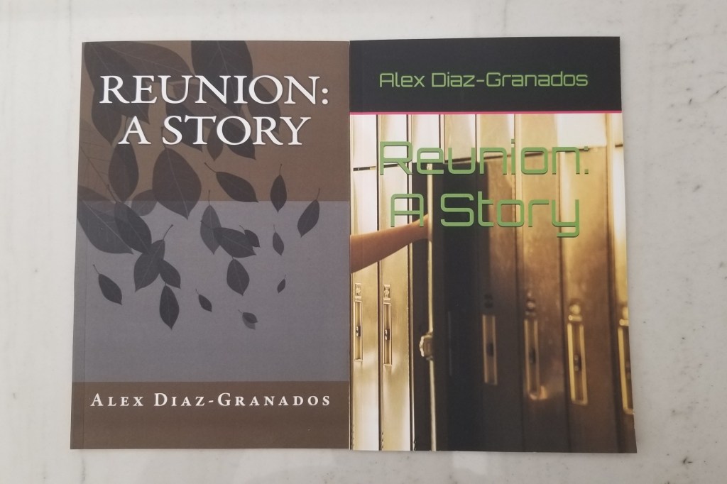 Photo of the old front cover (left) of the book "Reunion A Story" versus the new front cover (right). Click on the image to go to the Amazon page for the paperback version.