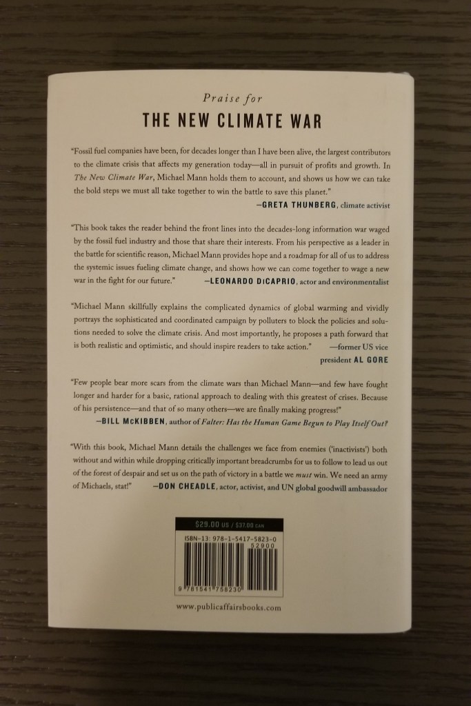 Photo of the back cover of the book “The New Climate War” by Dr. Michael Mann.