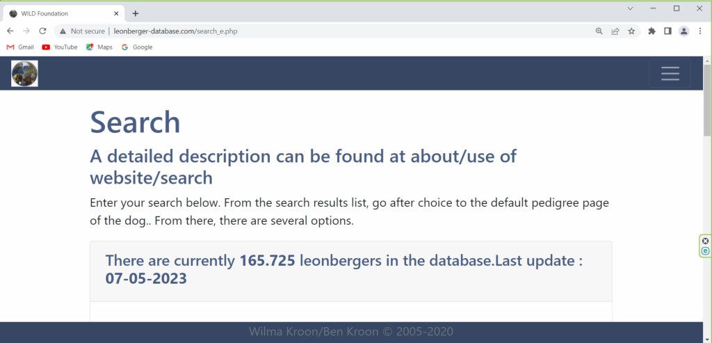 Screenshot of the search feature of the  Worldwide Independent Leonberger Database.