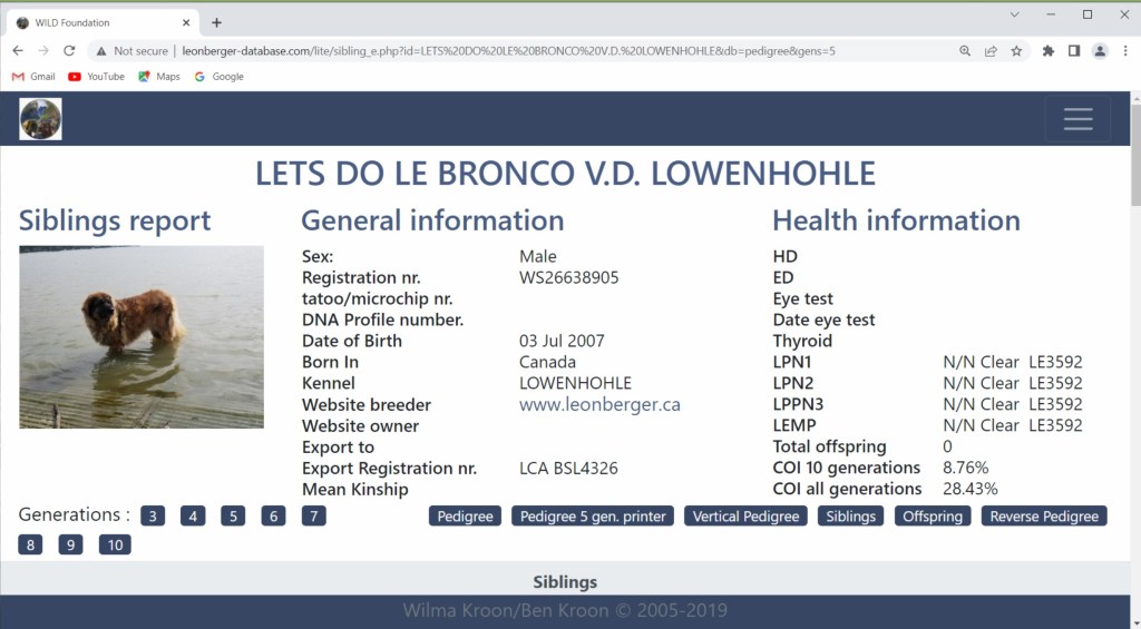 A screenshot of Bronco's database entry. He is named "Lets Do Le Bronco von der Lowenhohle". The "Lets Do" is not supposed to be there.