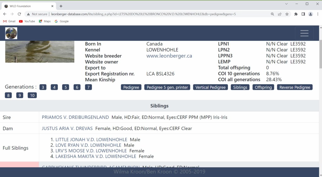 Screenshot of Bronco's database entry including a list of his siblings.