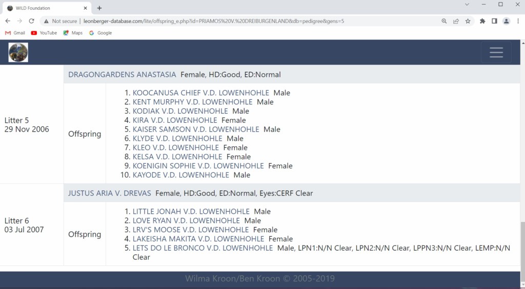 Screenshot of Bronco's father's offspring
