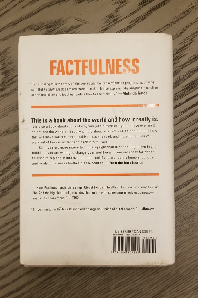Photo of the back cover of the book Factfulness by Hans Rosling