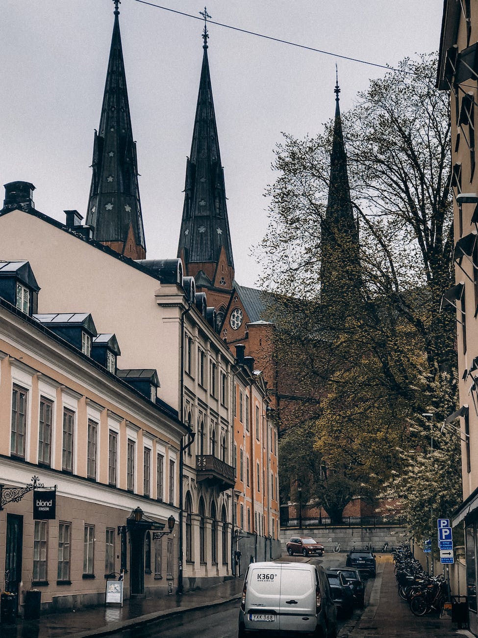 Street view with a cathedral in the background.