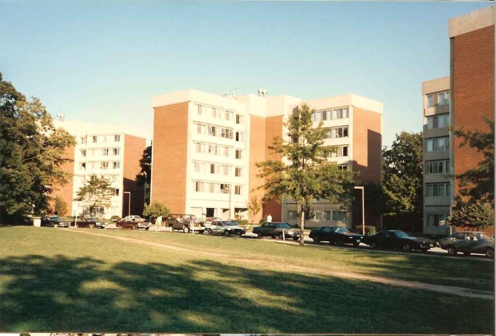 Three dorm buildings. Glaser in the middle.