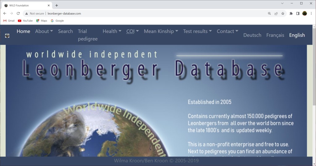 Home page for Cthe World Wide Independent Leonberger Database (WILD). It's blue with 12 menus. It is in three languages, Dutch, French and English.