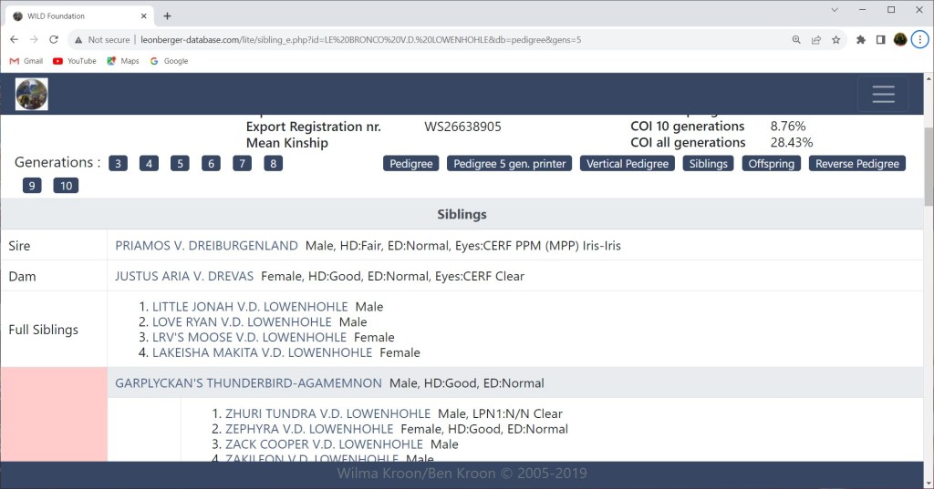 Right below Bronco's entry is his father and mother's name and a list of his full siblings (litter).
Sire: Priamos von Dreiburgenland
Dam: Justus Aria von Drevas
Full siblings: Little Jonah von der Löwenhöhle, Love Ryan von der Löwenhöhle, LRV's Moose von der Löwenhöhle, Lakeisha Makita von der Löwenhöhle. Note, the database uses von der Lowenhohle instead of von der Löwenhöhle.