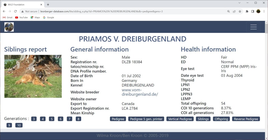 The database entry for Bronco’s father Priamos von Dreiburgenland includes a photo. He had 54 offspring.