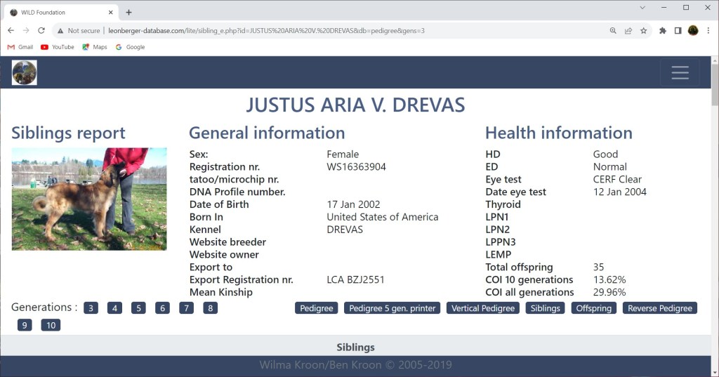 The database entry for Bronco’s mother Justus Aria von Drevas includes a photo. She had 35 pups.