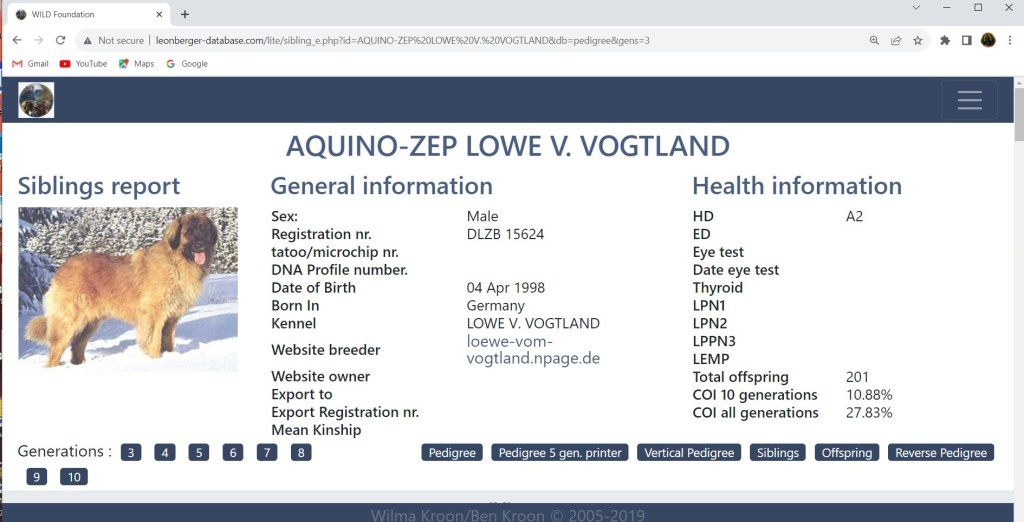 The database entry for Bronco’s grandfather Aquino-Zep Lowe von Vogtland included a photo. He had 201 offspring.
