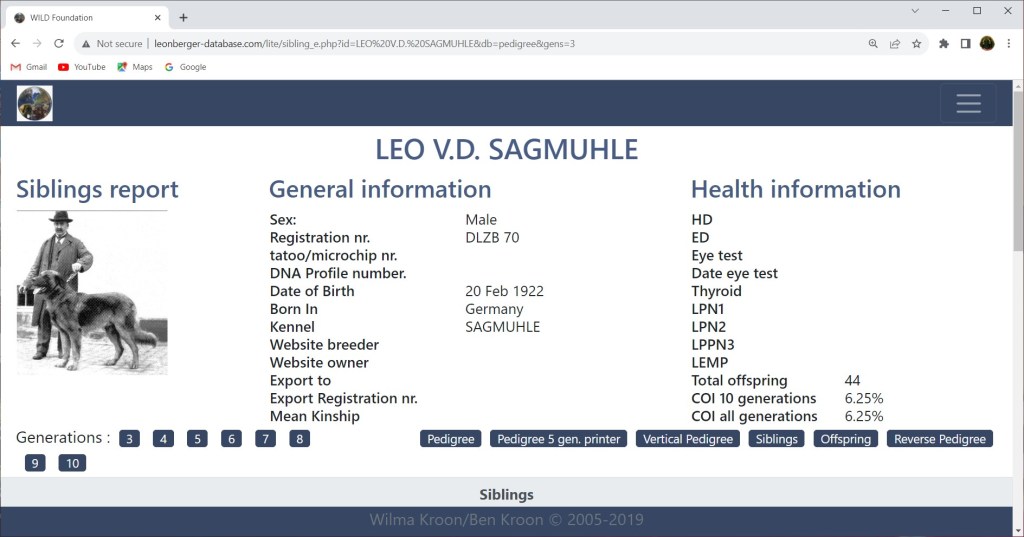 The entry for Bronco's great grandfather 17 generations back included a photo. He had 44 offspring and he was born in 1922.