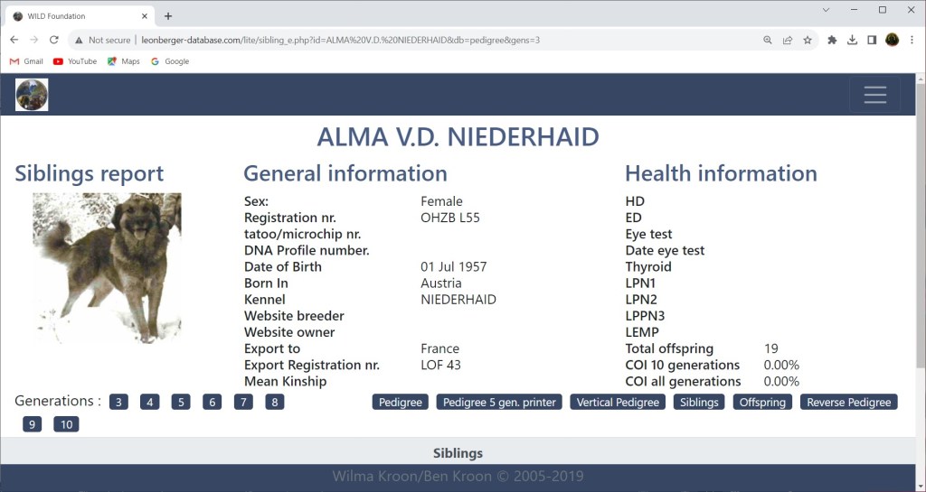 A screenshot of a database entry with a photo of a female Leonberger.