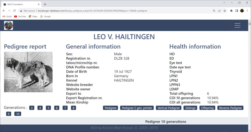 A screenshot of a database entry with a photo of a male Leonberger anno 1927.