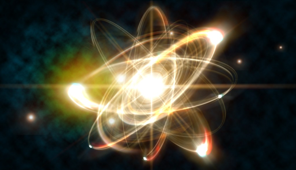 Atom with electrons swirling around displayed in a fuzzy more realistic way.