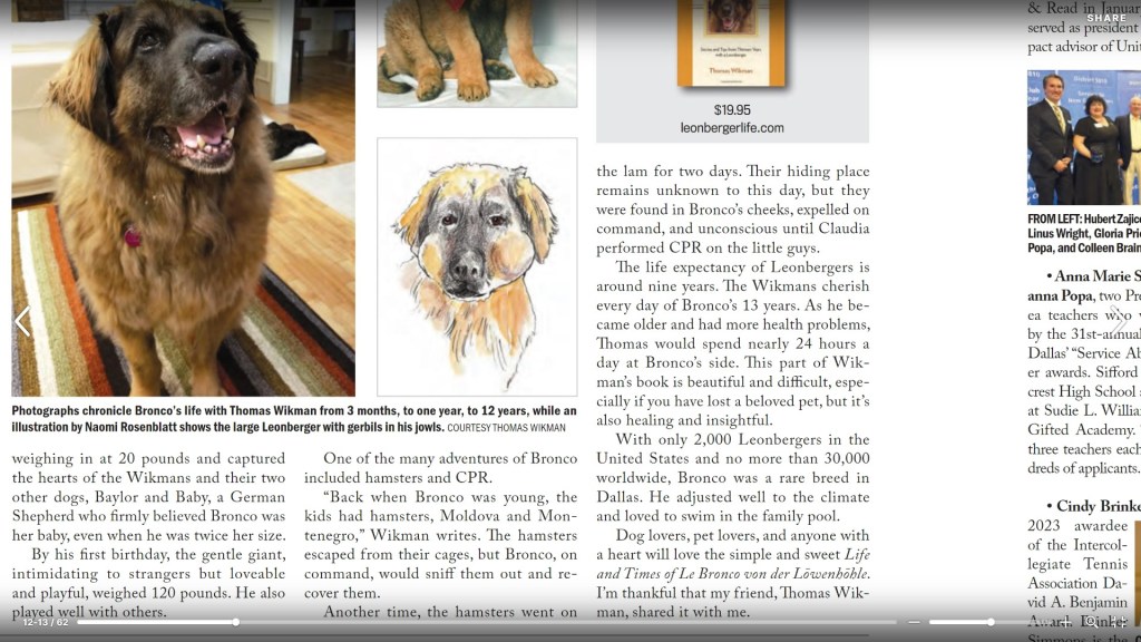 The last zoom-in of the article in Preston Hollow Peoples Magazine shows the right side of the article. The top is cut-off because it is only pictures. Click on the picture to see the online page.