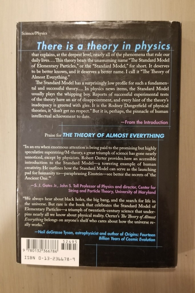 Back cover of the book “The Theory of Almost Everything” by Robert Oerter.