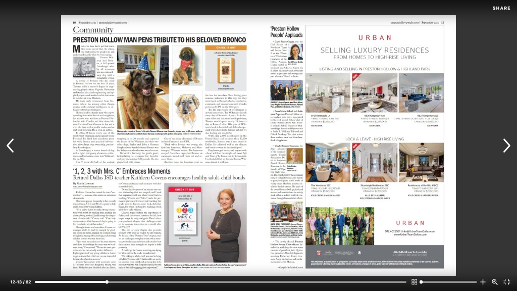 The page showing the article in Preston Hollow Peoples Magazine. My article is on page 10 - left. It is the upper half of the magazine.