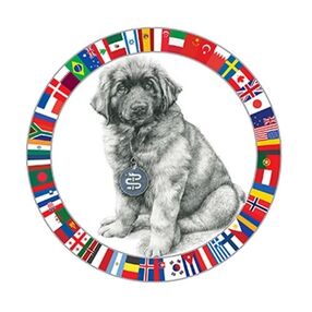 Leonberger Health Foundation Logo. A Leonberger puppy surrounded by flags from around the world.