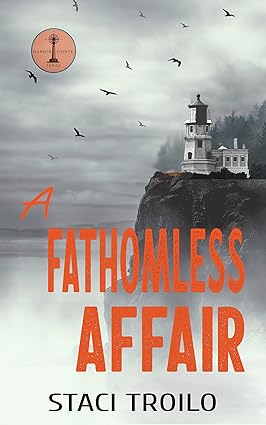 The front cover of A Fathomless Affair feature a cliff with a lighthouse and birds flying (likely seagulls). The cliff is partially hidden in fog.