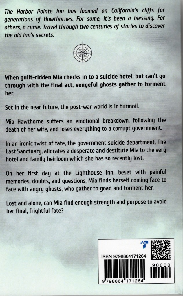The back cover of The Room at the End by Harmony Kent feature the amazon description of the book in black letters and a bar code.