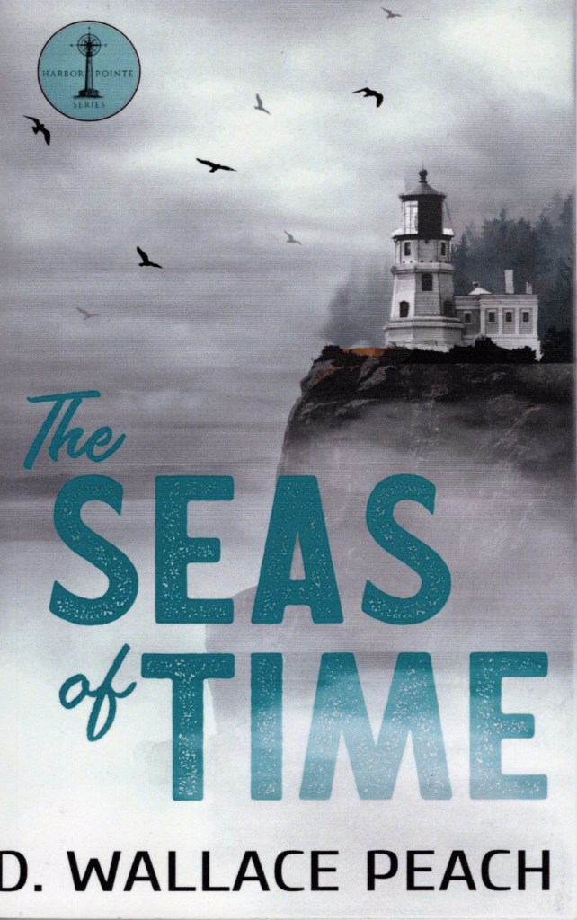The front cover of The Seas of Time. It shows a large cliff with a lighthouse located by the sea. The book title is in large blue font.