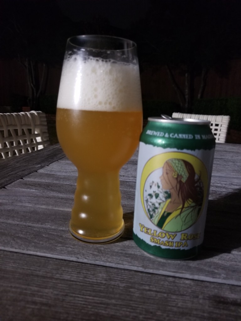 A can of Yellow Rose an IPA from Lone Pint Brewery, Texas. There is an IPA glass filled with Yellow Rose.