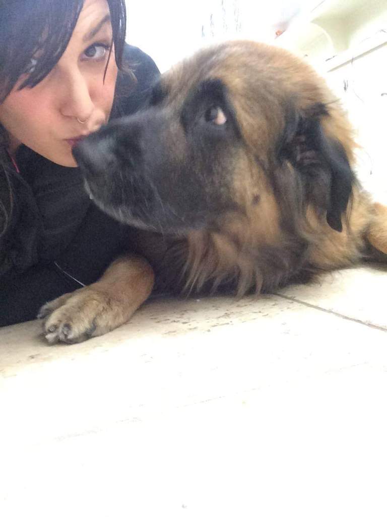 Jessica is on the left and she is giving our Leonberger Bronco a kiss