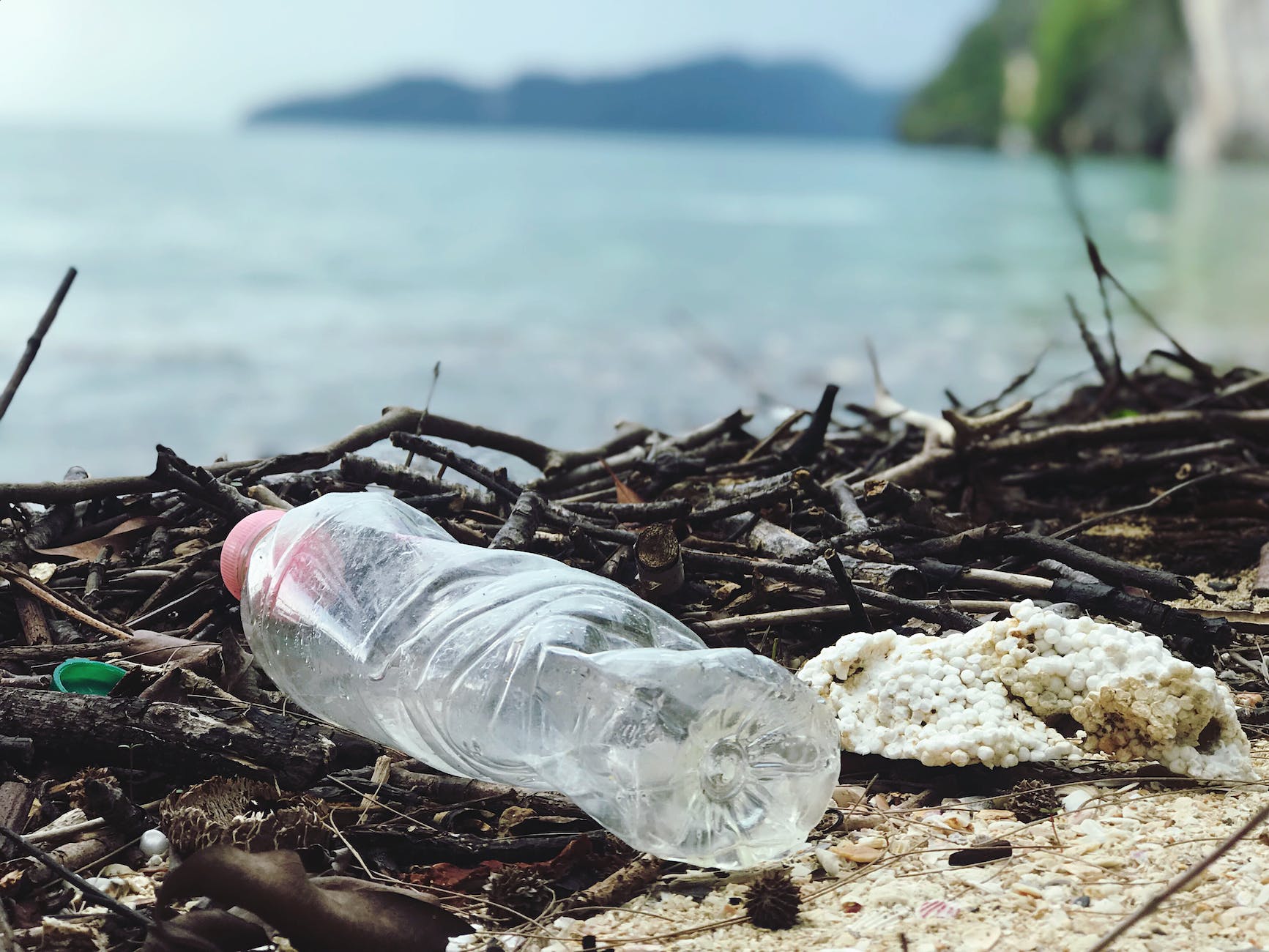Photo of plastic water bottle by the beach
