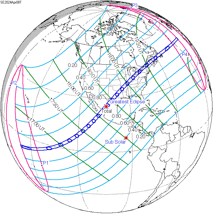 Illustration showing planet earth, the path of totality, partiality lines (in percentages), and times.