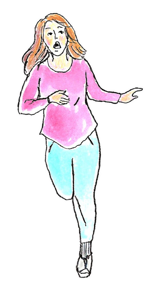Illustration of woman dressed in blue pants and pink shirt running.