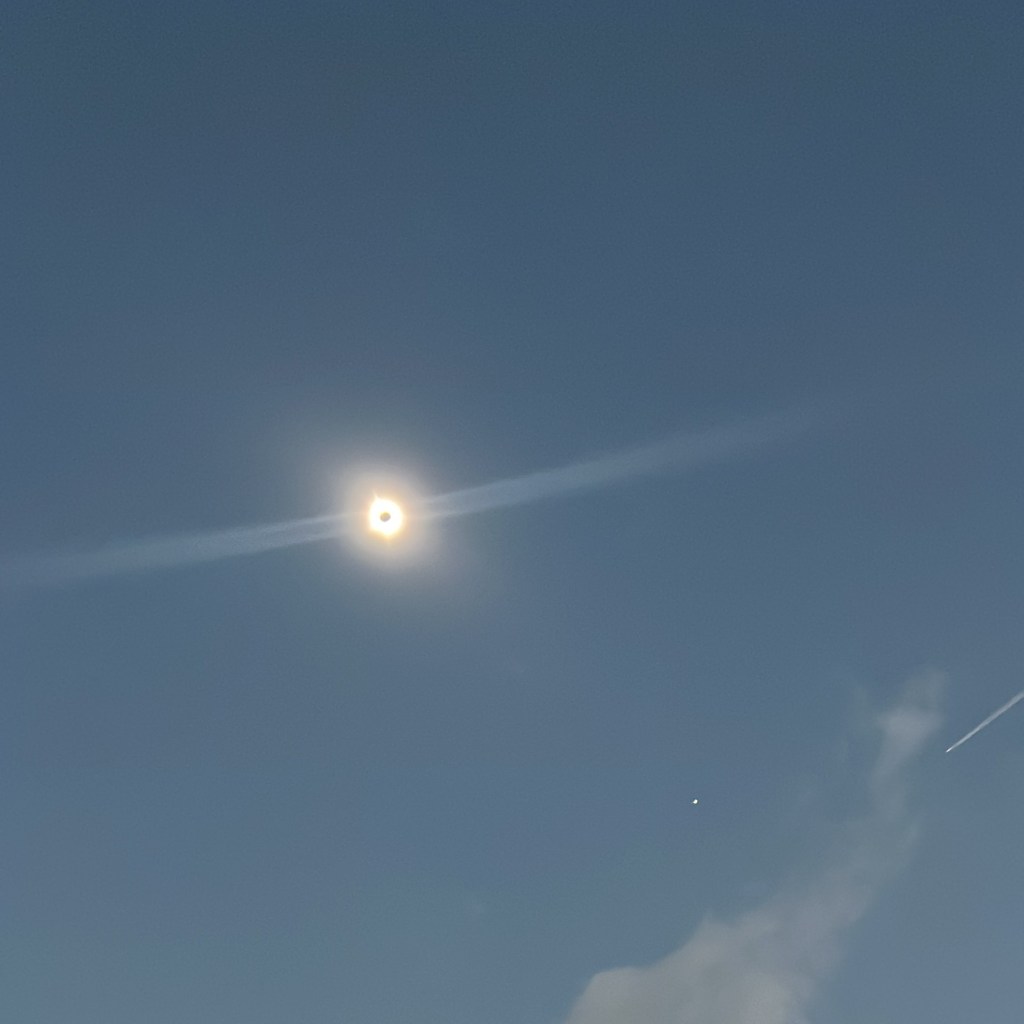 The photo shows the sun totally covered by the moon. It is very small in the photo. There is star like object, that’s Venus, a cloud and airplane contrail.