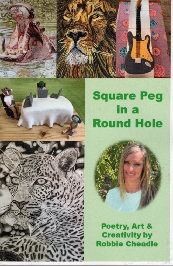 The front cover feature paintings of a hippo, a lion and a Jaguar. There is also cake art featuring an electric guitar and animals sitting around a table. A photo of Robbie Cheadle is shown on green background.