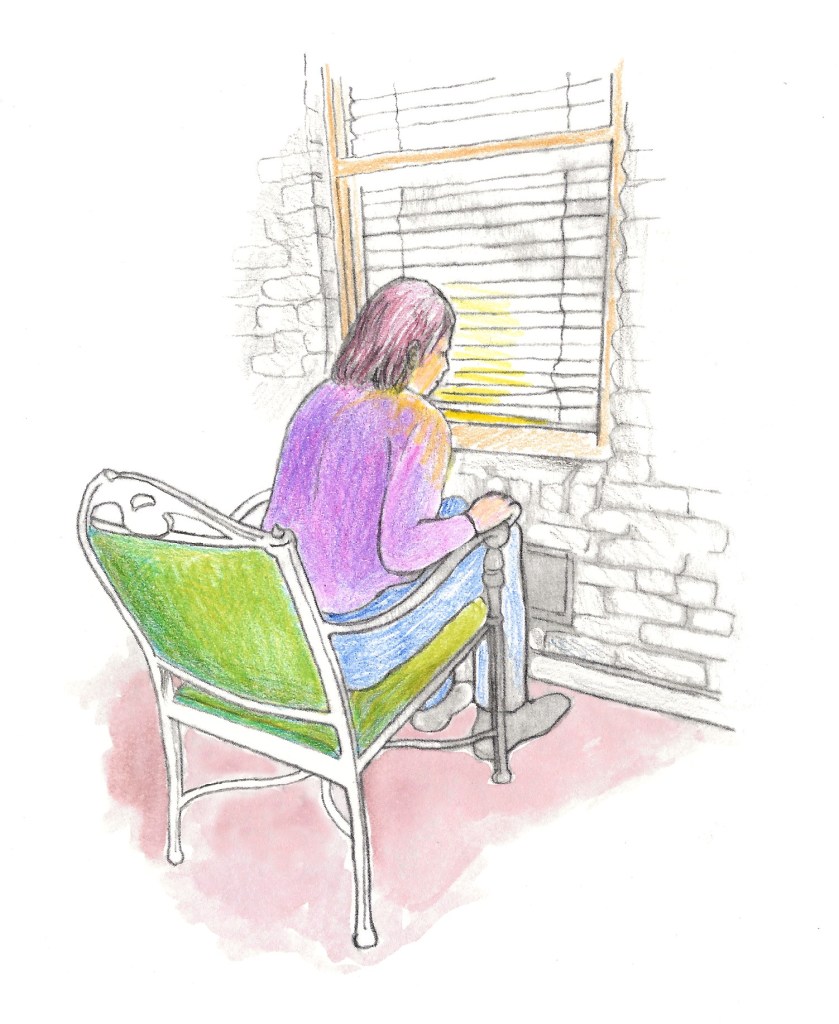 The stalker is sitting in a lawn chair and looking through our window.