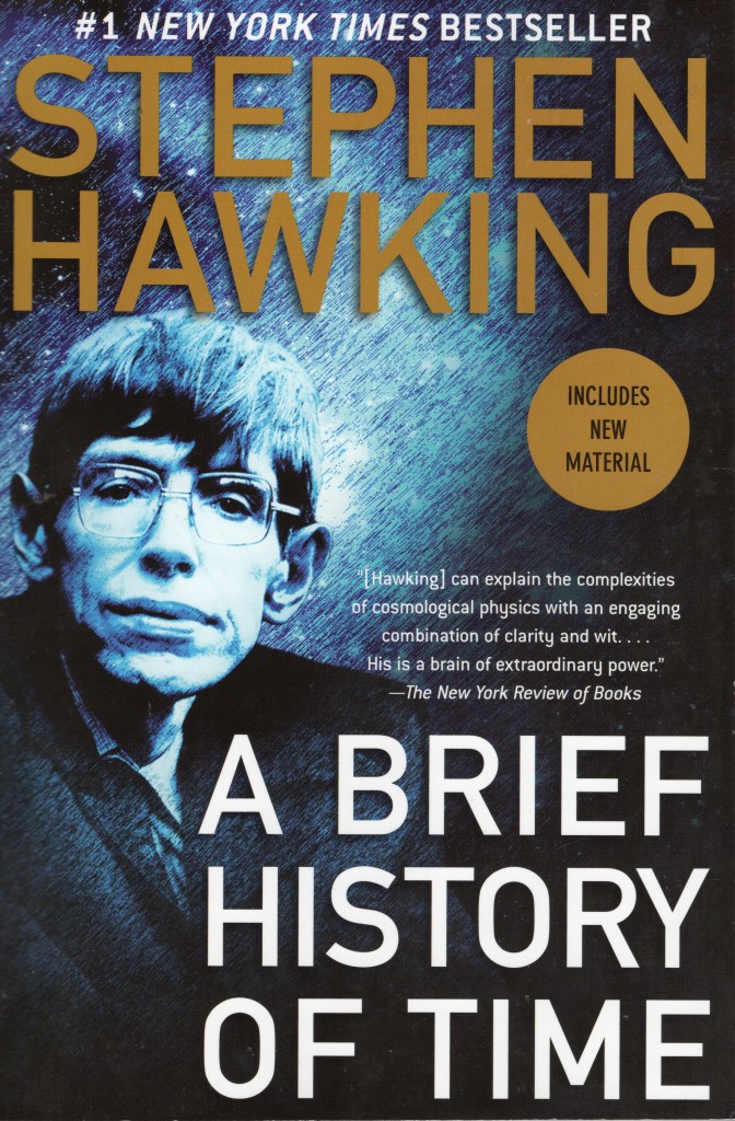 Picture of Stephen Hawking with a galaxy in the background, plus title and author name and golden sticker saying, “Includes new material”