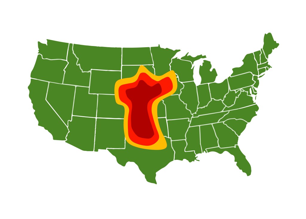 Tornado Alley is indicated in red, orange and yellow covering north Texas, Oklahoma, Kansas, Nebraska, South Dakota, Iowa, and the corners of Minnesota, Wyoming, Colorado and New Mexico.