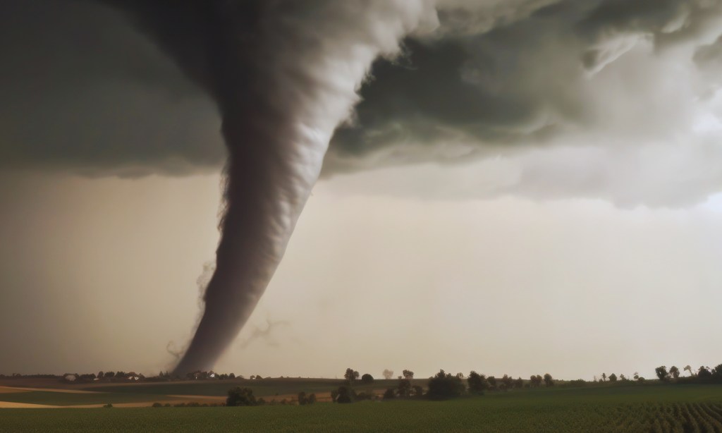 A large well-formed tornado over the plains.