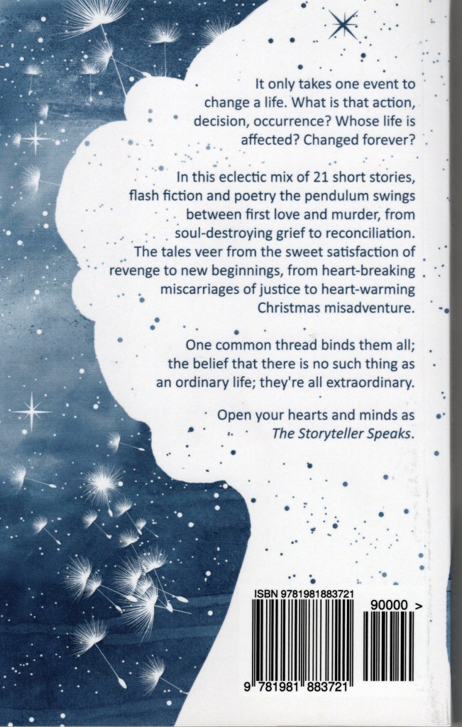 The back cover is in blue and white and features  the backside of the head of the woman blowing on a dandelion. Again, with stars on a dark blue background in the background.