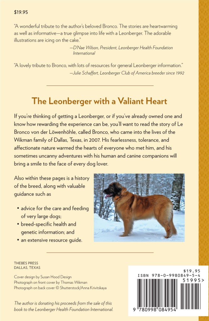 The back cover in gold and beige feature a photo of a Leonberger in a snowy forest and an introduction to the book.