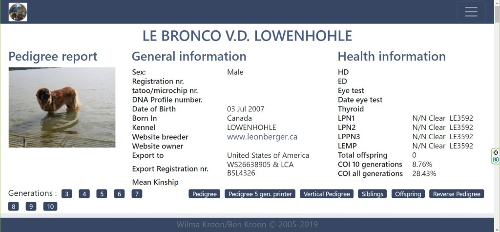A screenshot of Bronco’s entry in the Worldwide Leonberger Data Base