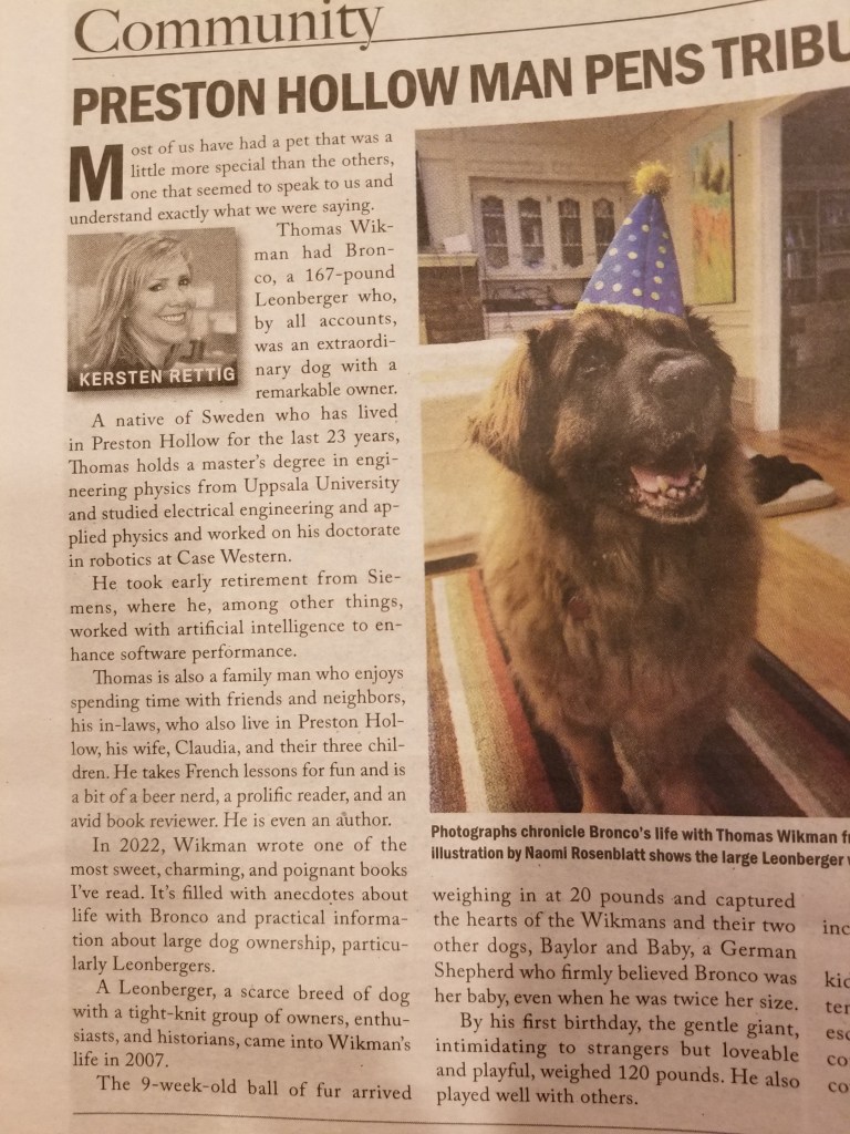 Left side of the review of “The Life and Times of Le Bronco von der Löwenhöhle”. It features a picture of Kersten Rettig and Bronco with a blue birthday hat.